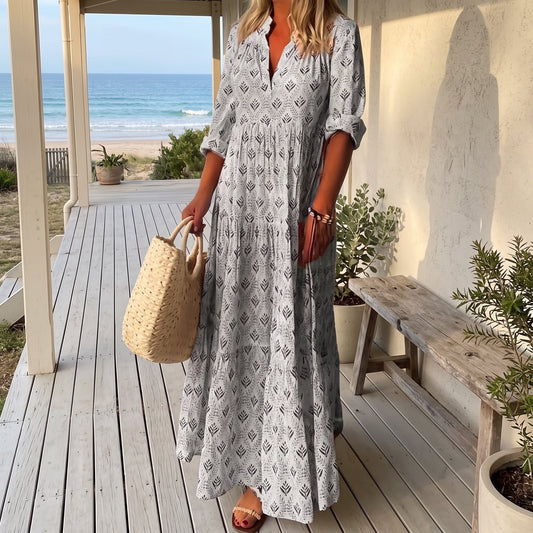 Alexa | Elegant Flowy Boho Maxi Dress – Grey worn on an Australian coastal verandah