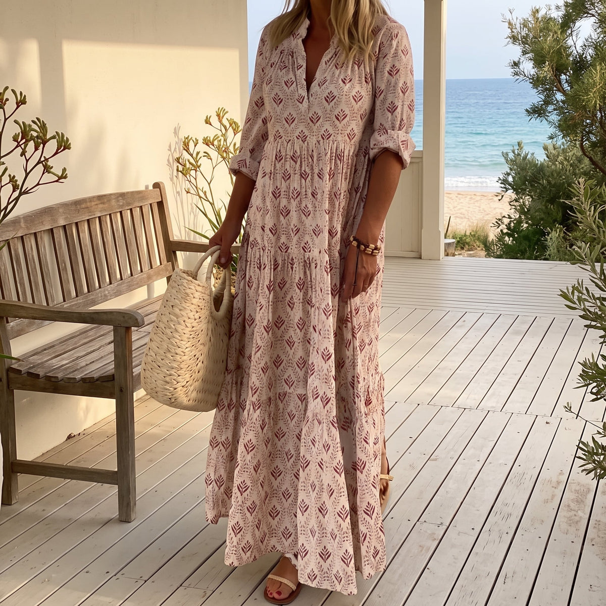 Alexa | Elegant Flowy Boho Maxi Dress – Pink worn on an Australian coastal verandah