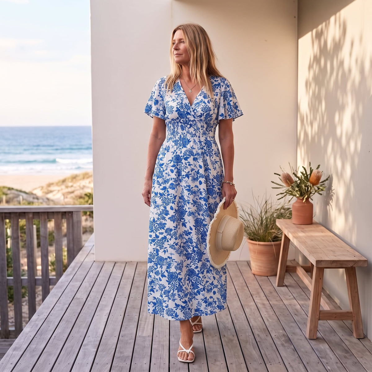 Bea | Bohemian V-Neck Blue Beach Dress – Default worn on an Australian coastal verandah