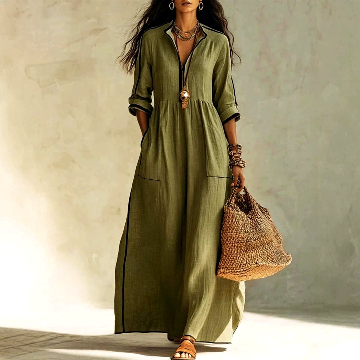 Camille Stand Collar Long Sleeve Boho Maxi Dress — Casuarina