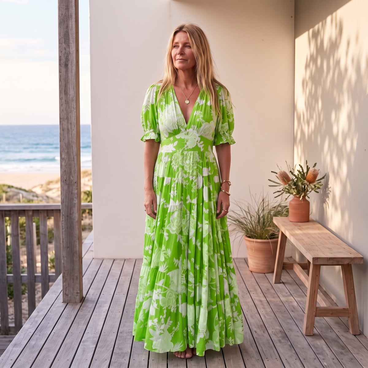 Carine | Floral Print V-Neck Pocket Dress – Green worn on an Australian coastal verandah