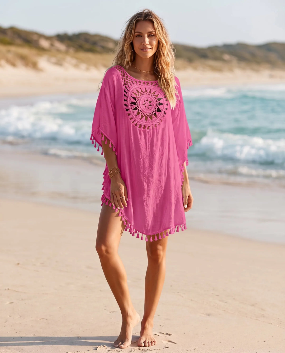 Casuarina Chrissy boho beach cover-up in Pink, worn on an Australian beach