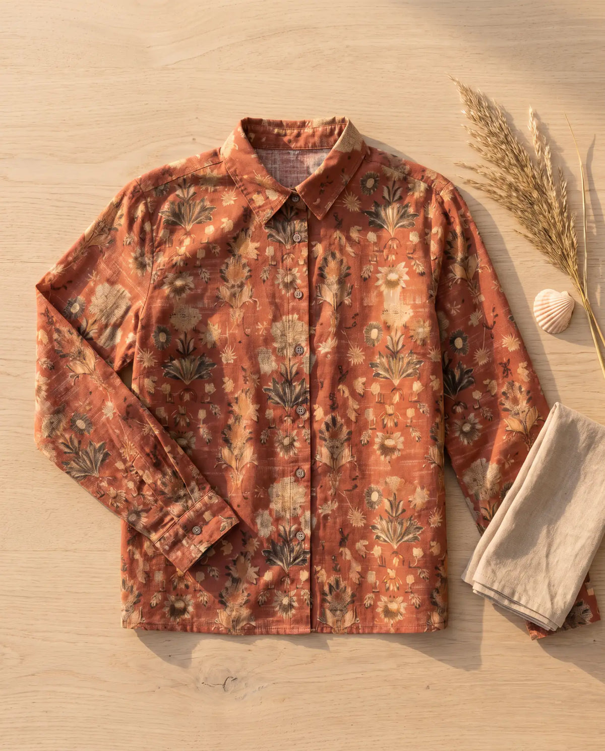 Casuarina Indie boho print button-up blouse flat lay on a coastal table