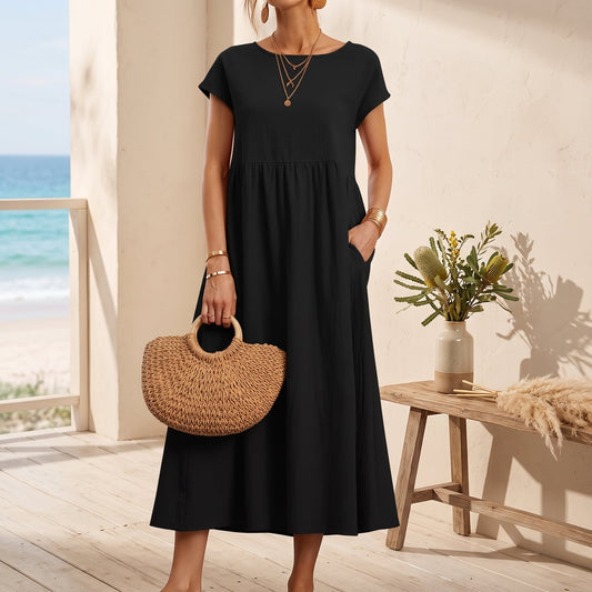 Catherine | Essential Elegant Dress – Black worn on an Australian coastal verandah