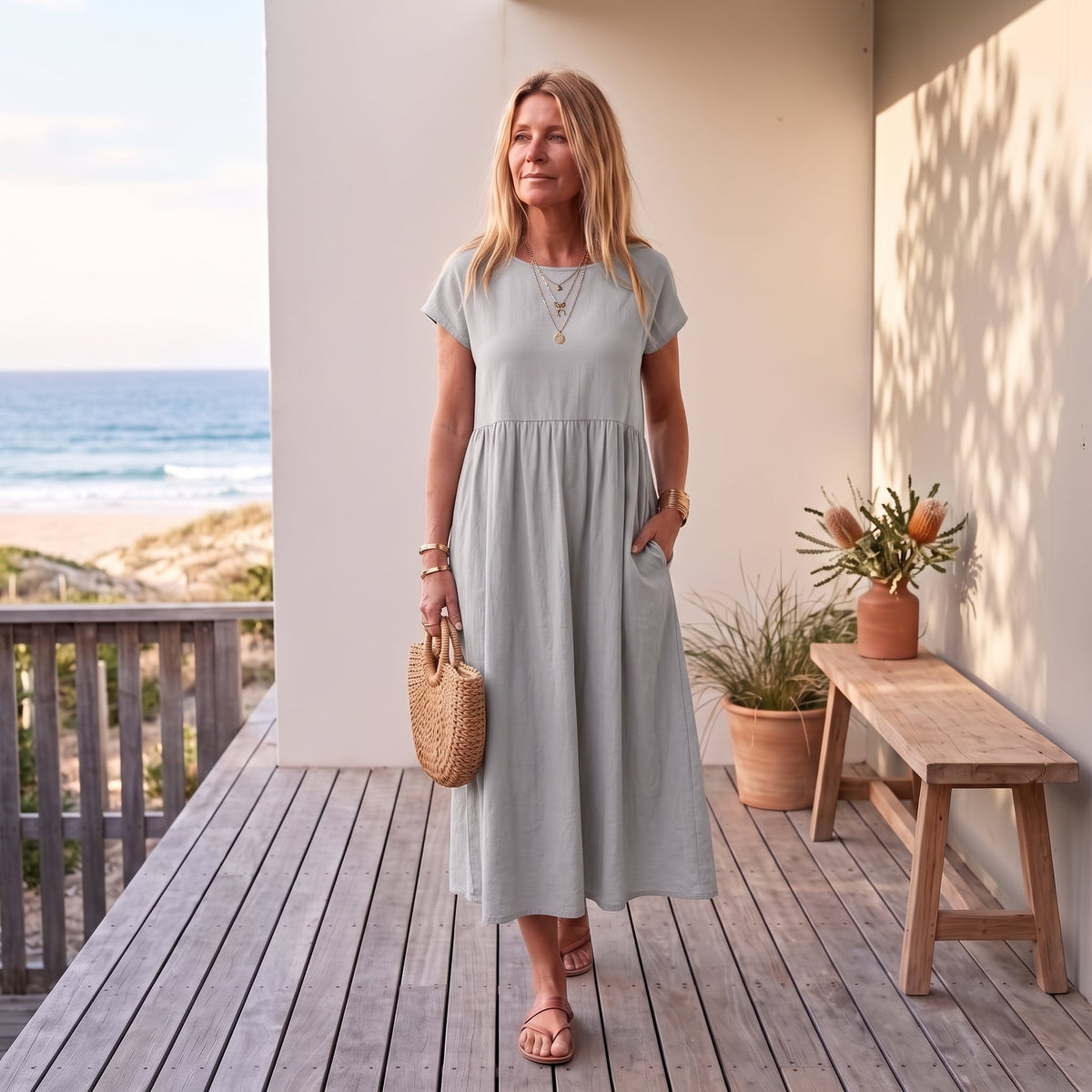 Catherine | Essential Elegant Dress – Light Grey worn on an Australian coastal verandah
