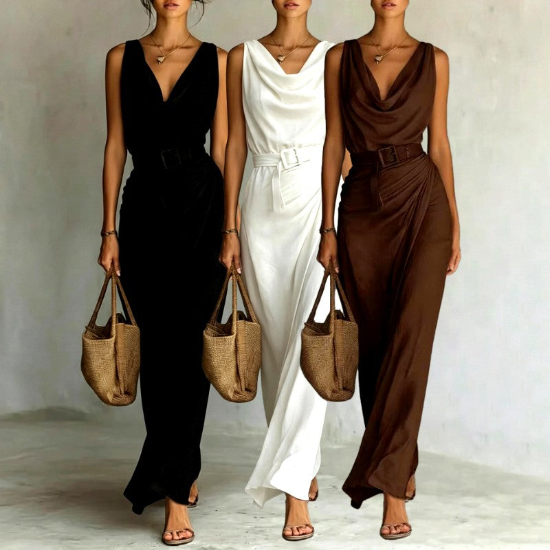 Celine Cowl V-Neck Belted Resort Maxi Dress — Casuarina