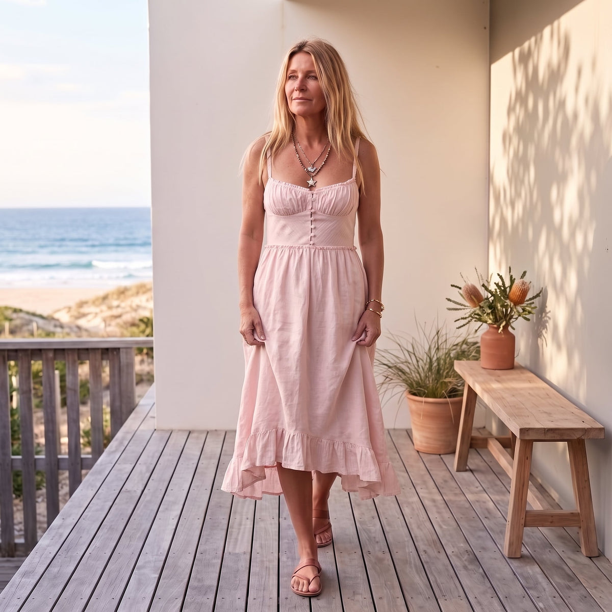 Isla | Women's Ruffle Hem Cami Midi Dress Sleeveless Summer – Pink worn on an Australian coastal verandah