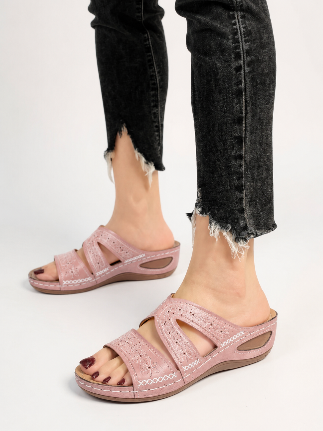 Rafaela Embroidered Slide Sandals — Casuarina
