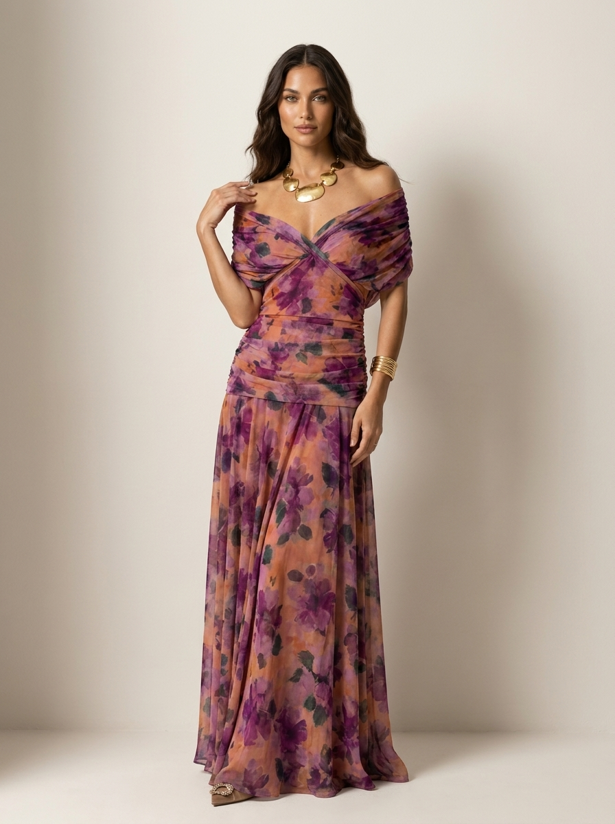 Casuarina Seraphine Draped Maxi Dress — purple and orange print with off-shoulder neckline