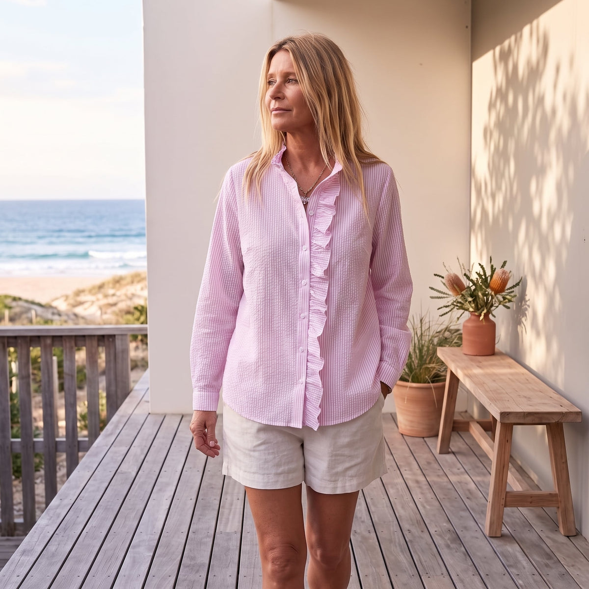 Sheri™ | Timeless Elegance & Ultimate Comfort – Pink worn on an Australian coastal verandah