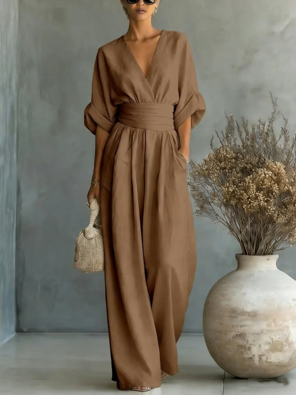 Casuarina Sylvie Wide Leg Jumpsuit — brown, full-length view
