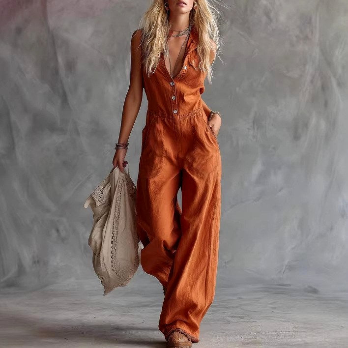 Adelaide Linen V-Neck Wide-Leg Jumpsuit — Casuarina