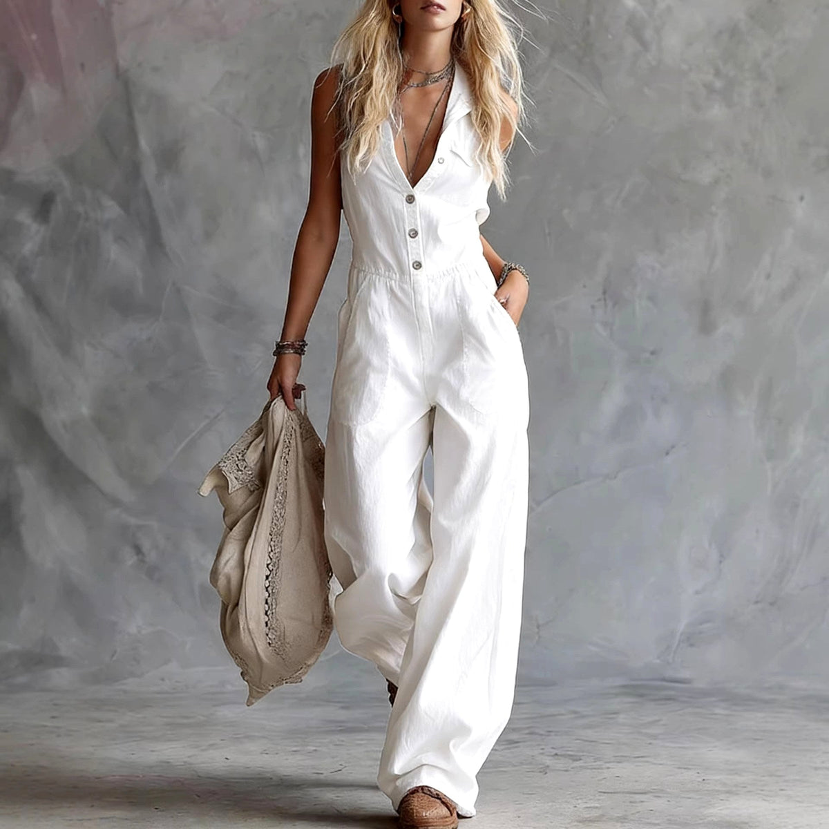 Adelaide Linen V-Neck Wide-Leg Jumpsuit — Casuarina