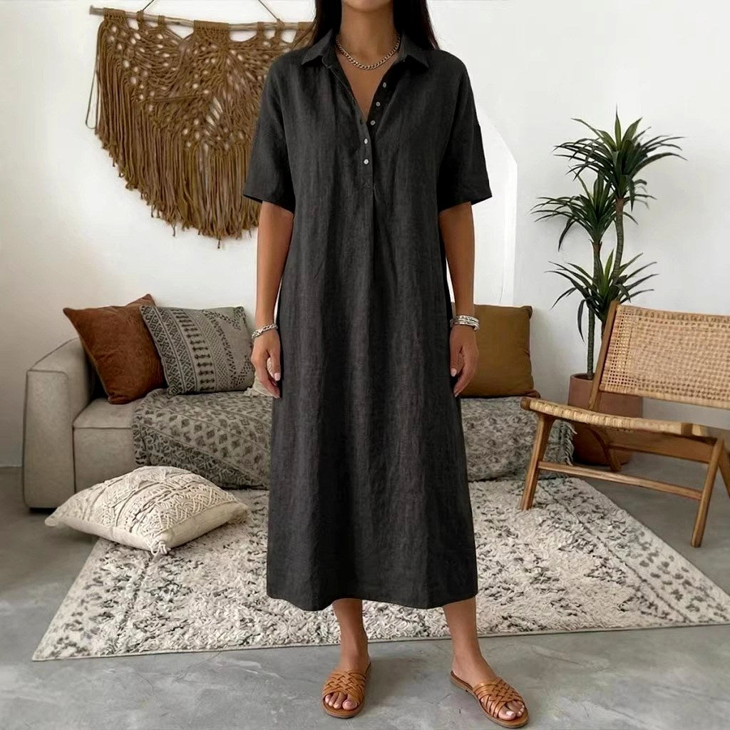 Aerin Linen Polo Collar Straight Midi Dress — Casuarina