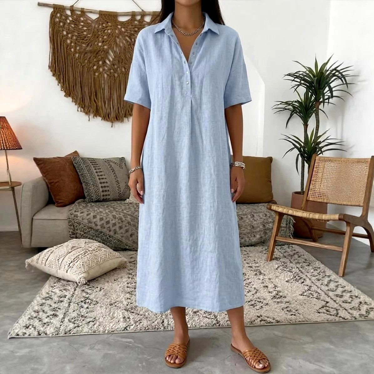 Aerin Linen Polo Collar Straight Midi Dress — Casuarina