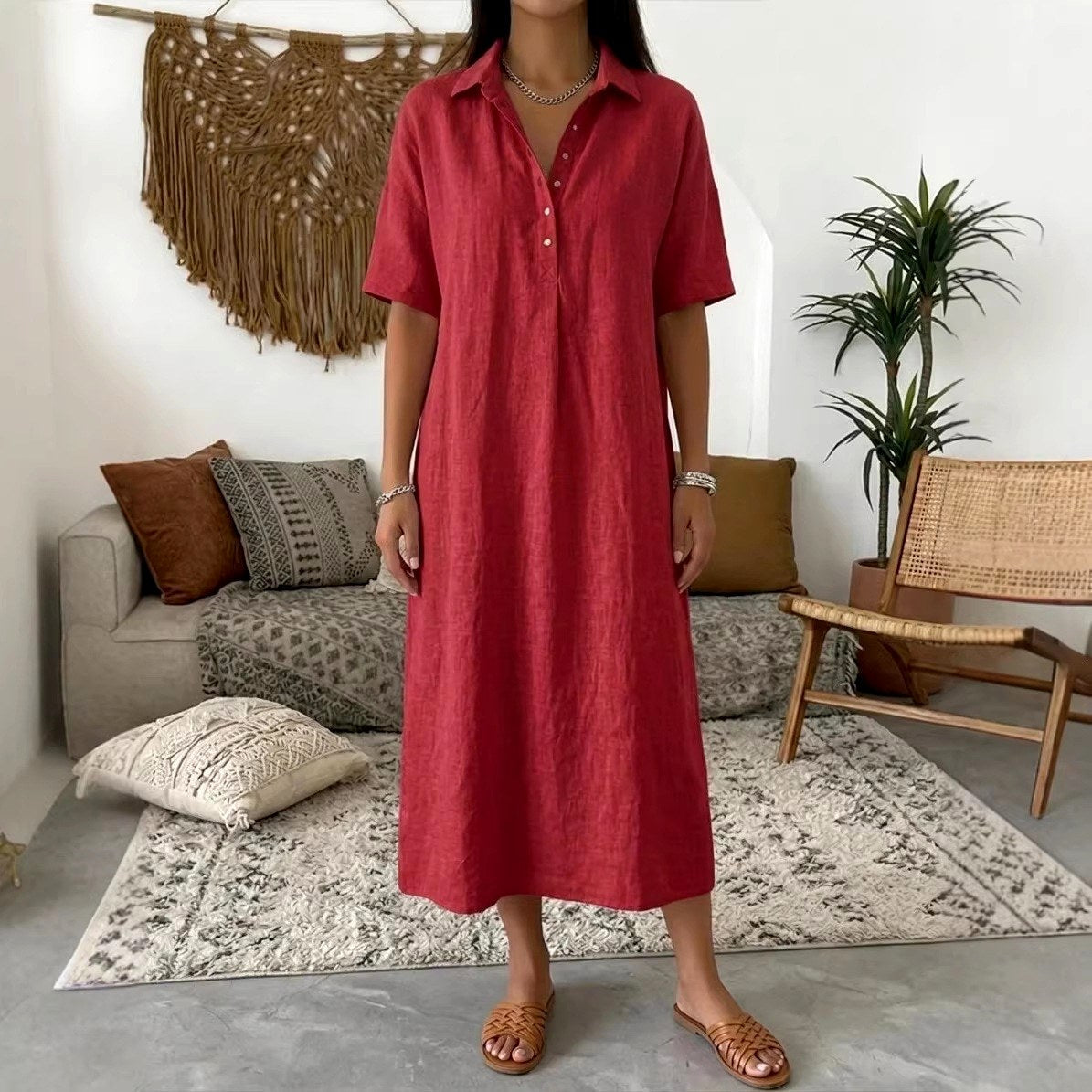 Aerin Linen Polo Collar Straight Midi Dress — Casuarina