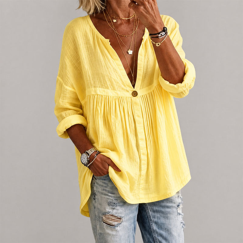 Allegra Button-Front V-Neck Tunic Blouse — Casuarina