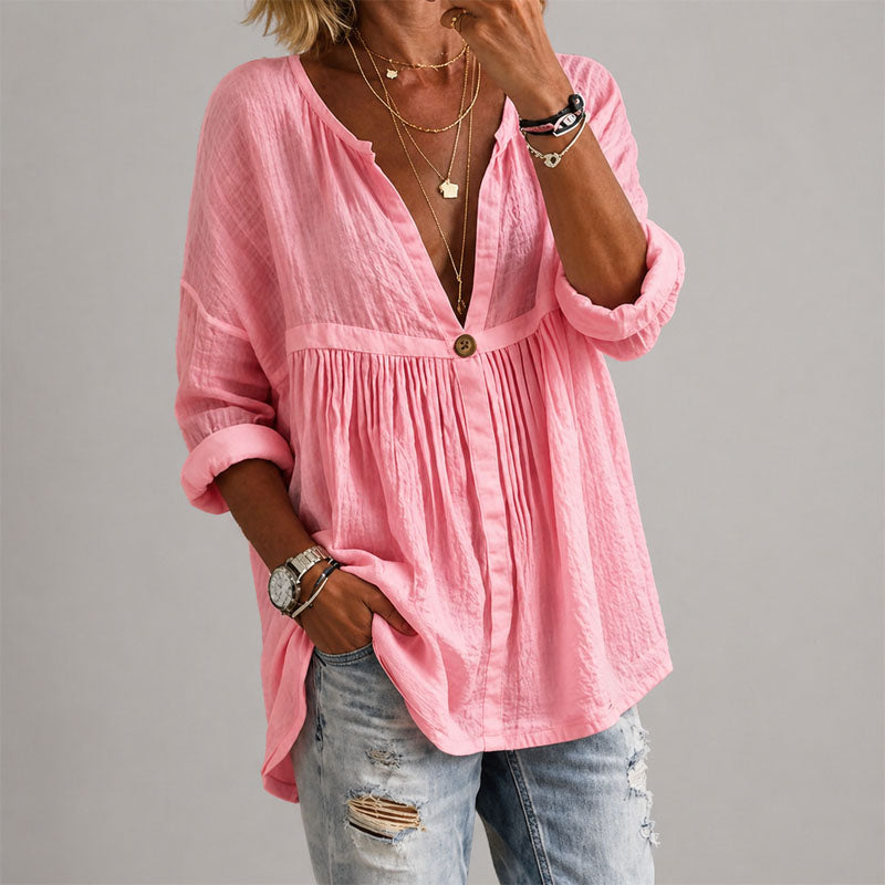 Allegra Button-Front V-Neck Tunic Blouse — Casuarina