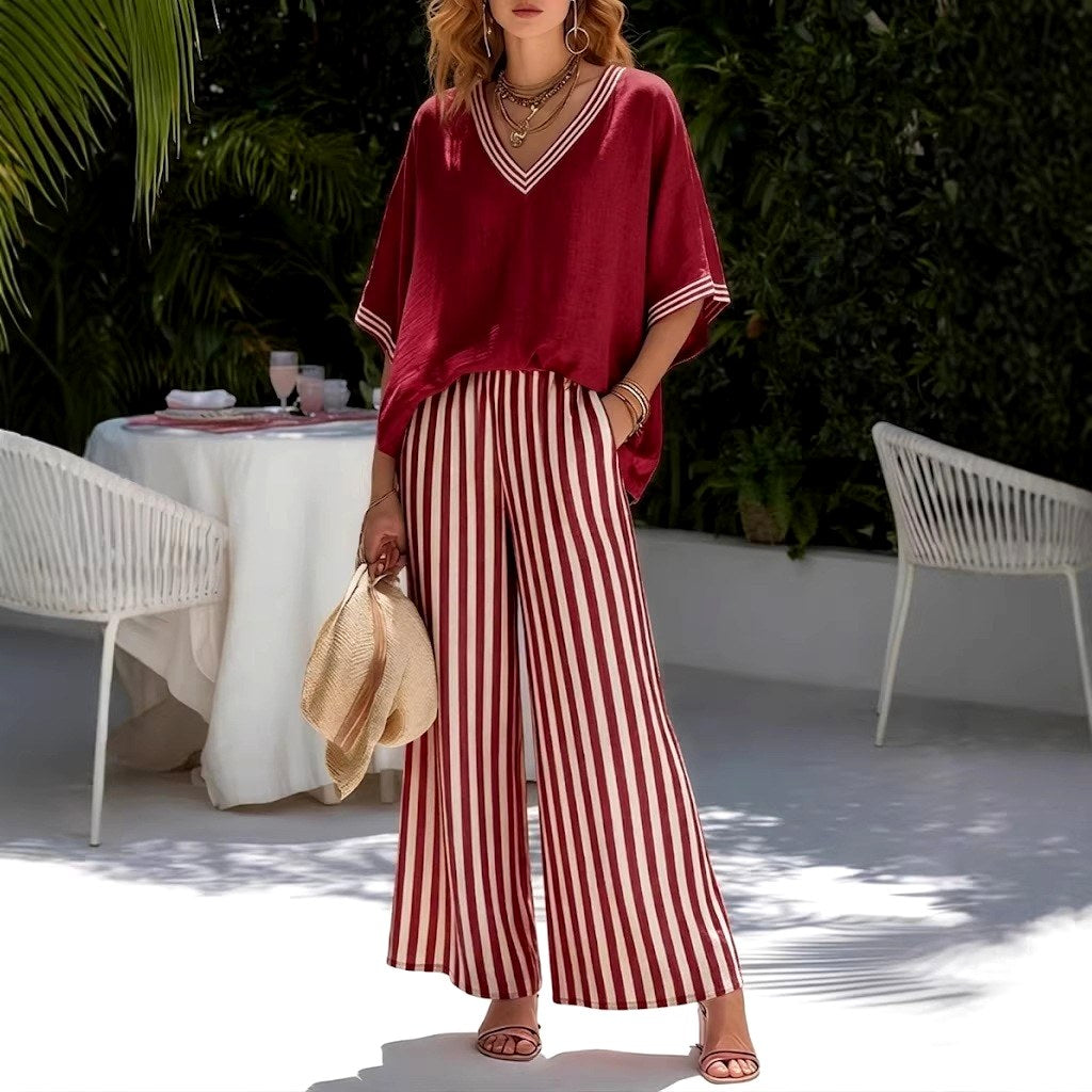 Alora Striped V-Neck Wide-Leg Matching Set — Casuarina