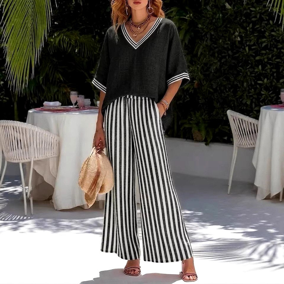 Alora Striped V-Neck Wide-Leg Matching Set — Casuarina