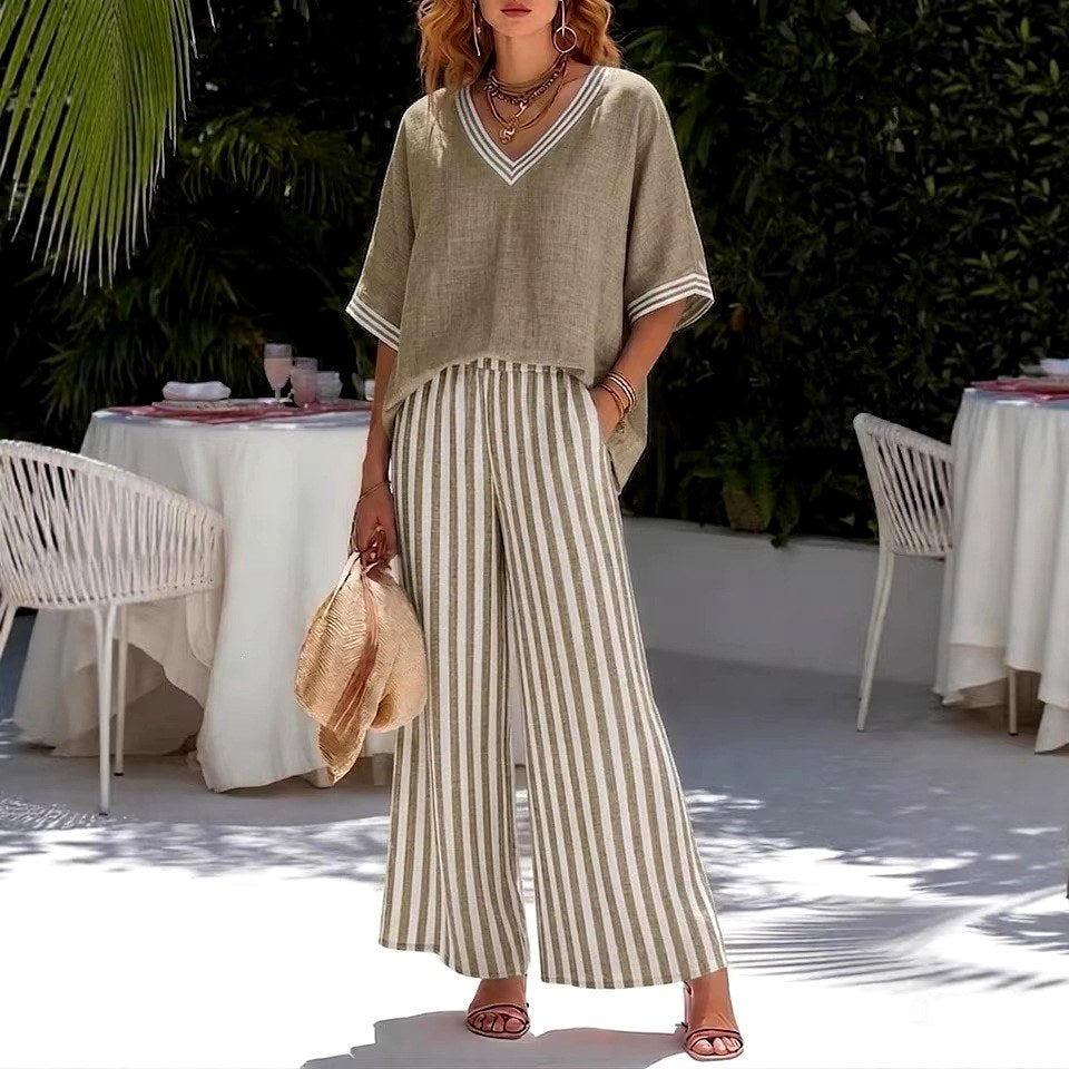 Alora Striped V-Neck Wide-Leg Matching Set — Casuarina