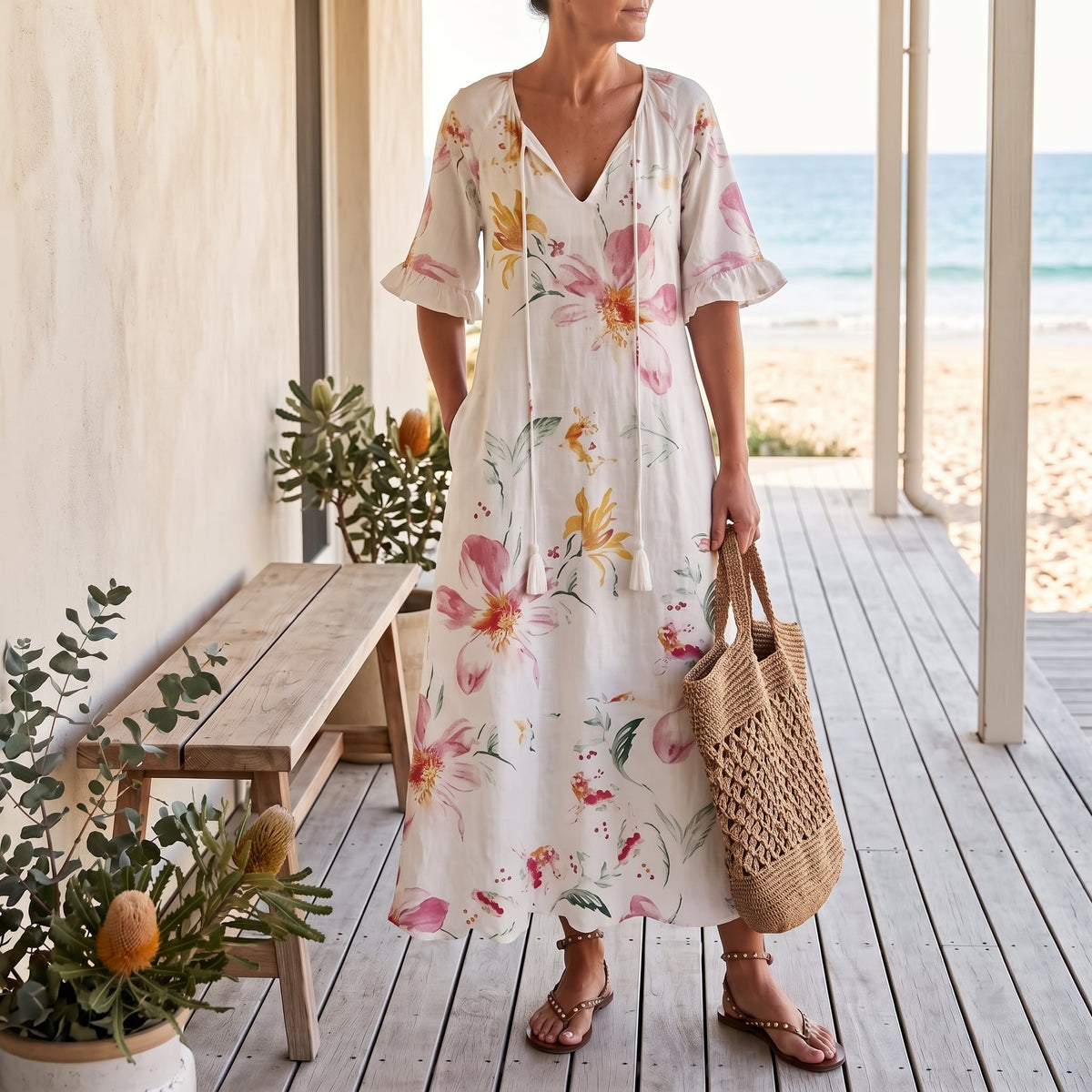 Andrea | Boho Vintage V-Neck Printed Dress – Floral worn on an Australian coastal verandah