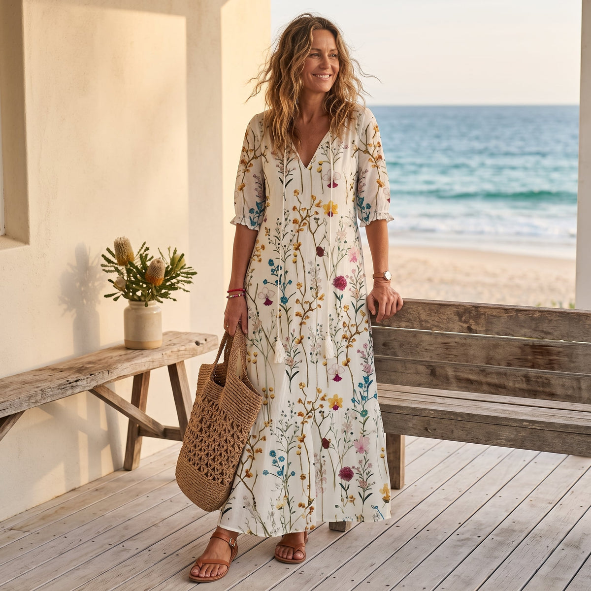 Andrea | Boho Vintage V-Neck Printed Dress – Flowers worn on an Australian coastal verandah