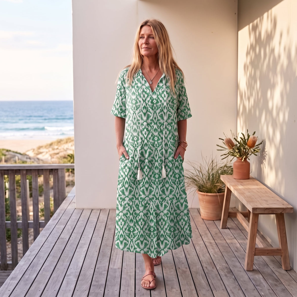 Andrea | Boho Vintage V-Neck Printed Dress – Green worn on an Australian coastal verandah