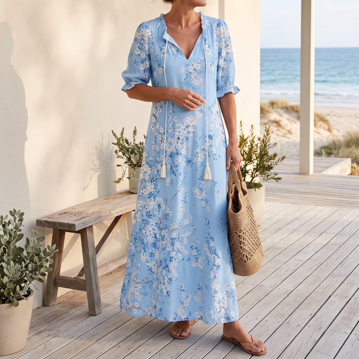 Andrea | Boho Vintage V-Neck Printed Dress – Light Blue worn on an Australian coastal verandah