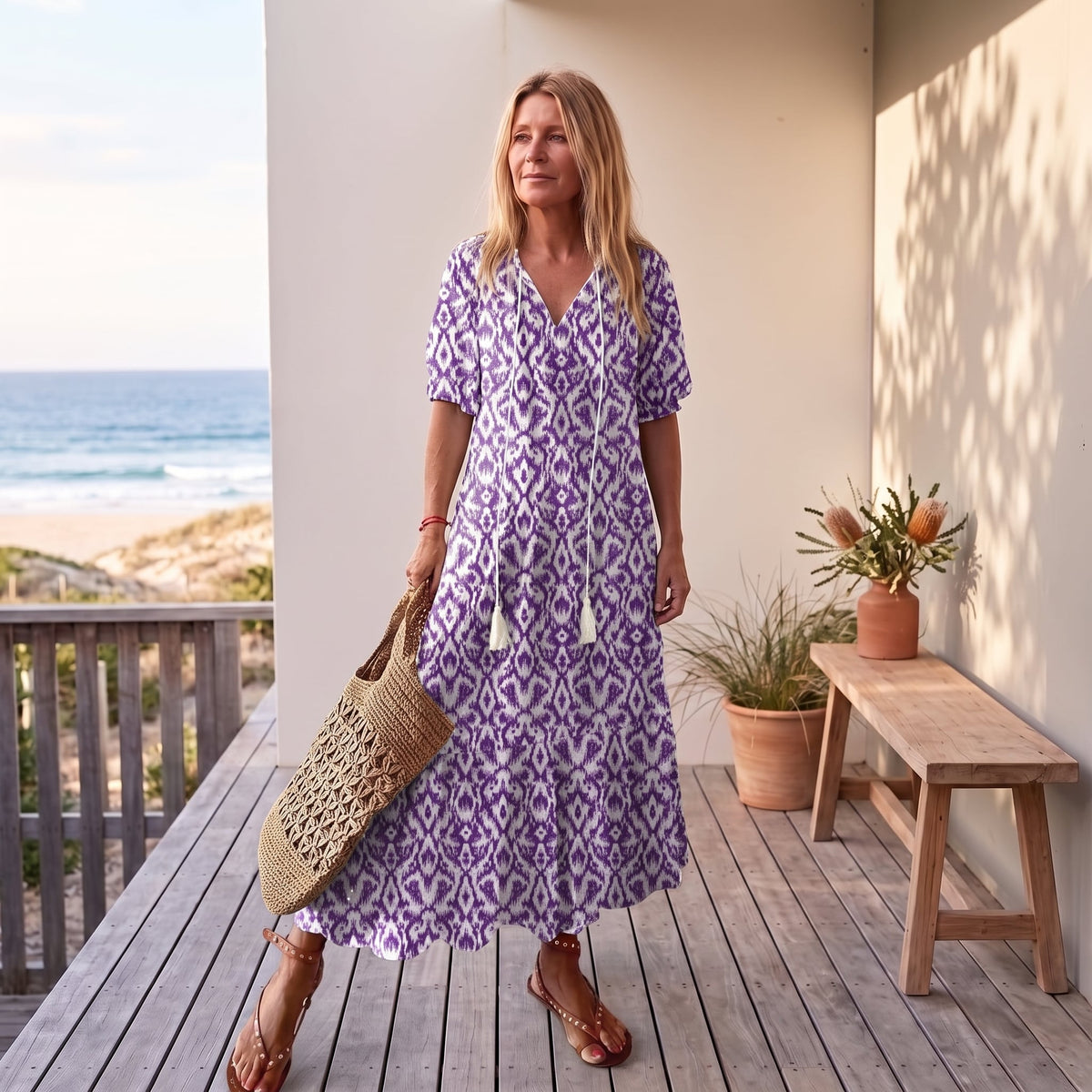 Andrea | Boho Vintage V-Neck Printed Dress – Purple worn on an Australian coastal verandah