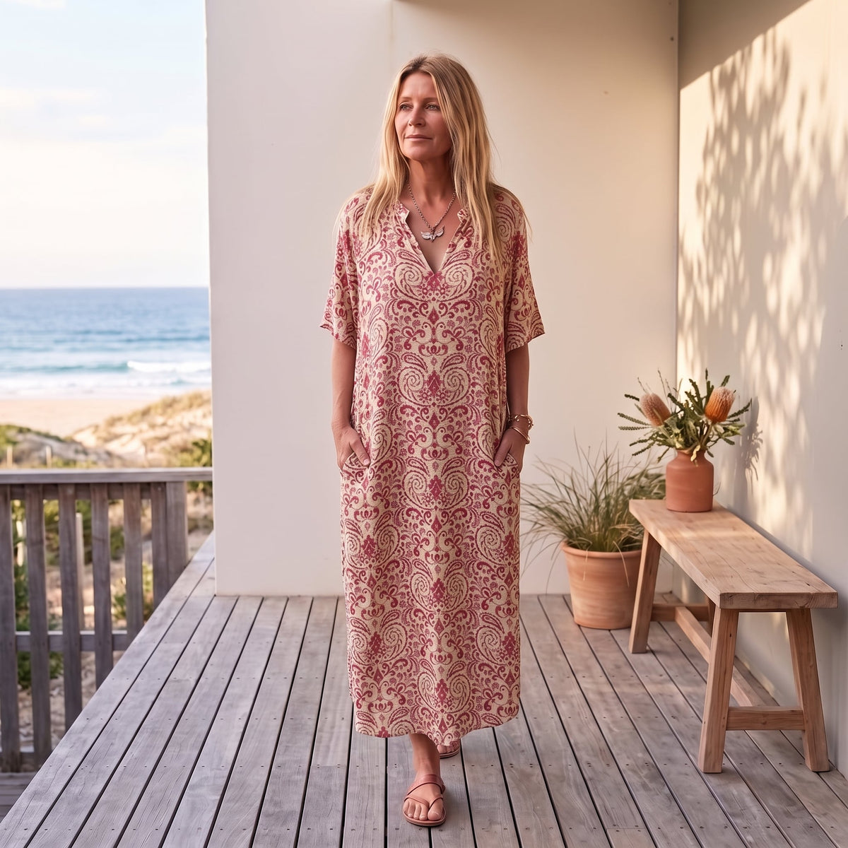 Andrea | Boho Vintage V-Neck Printed Dress – Red worn on an Australian coastal verandah