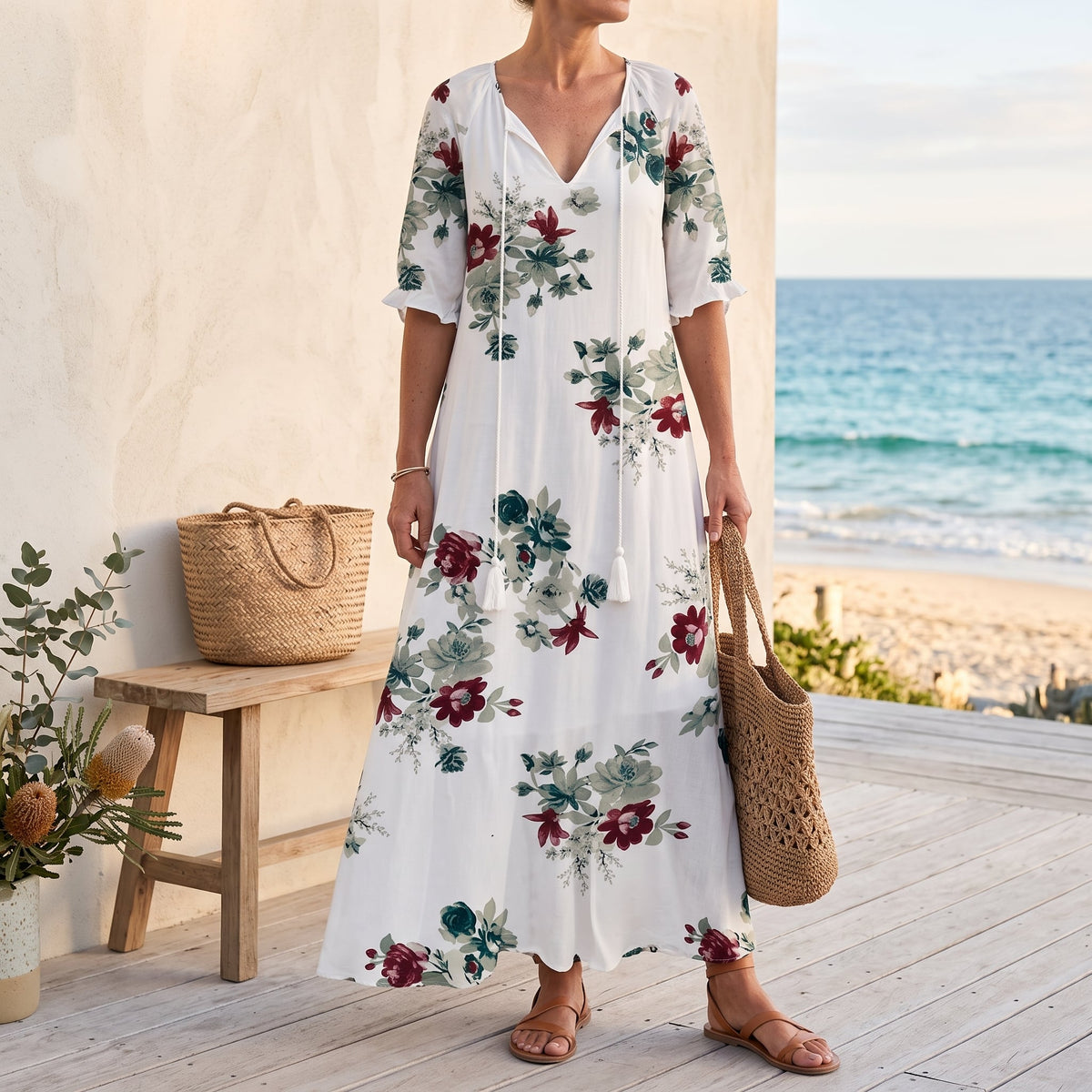 Andrea | Boho Vintage V-Neck Printed Dress – White worn on an Australian coastal verandah