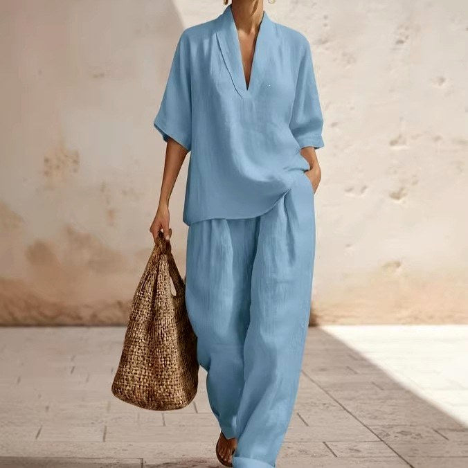 Arden Linen V-Neck Wide-Leg Matching Set — Casuarina