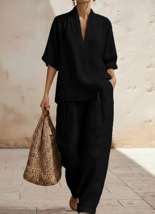 Arden Linen V-Neck Wide-Leg Matching Set — Casuarina