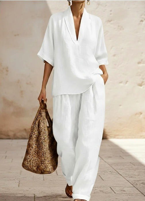 Arden Linen V-Neck Wide-Leg Matching Set — Casuarina