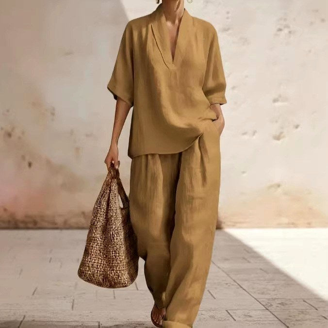 Arden Linen V-Neck Wide-Leg Matching Set — Casuarina
