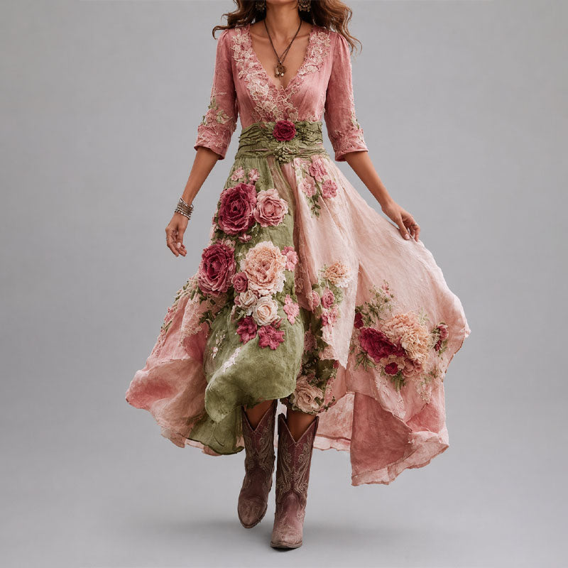 Aurora Floral Patchwork Wrap Dress with Asymmetrical Hem — Casuarina