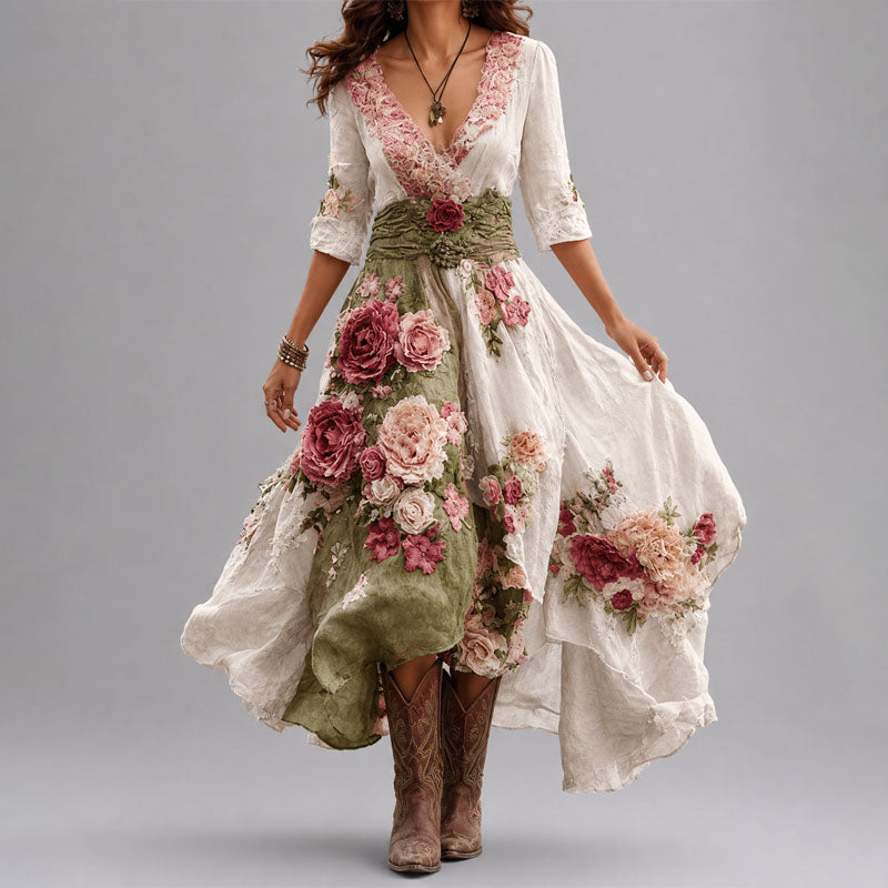 Aurora Floral Patchwork Wrap Dress with Asymmetrical Hem — Casuarina
