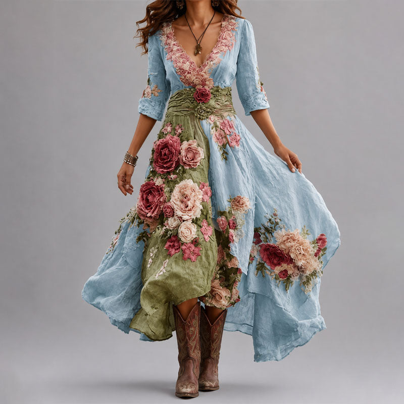 Aurora Floral Patchwork Wrap Dress with Asymmetrical Hem — Casuarina