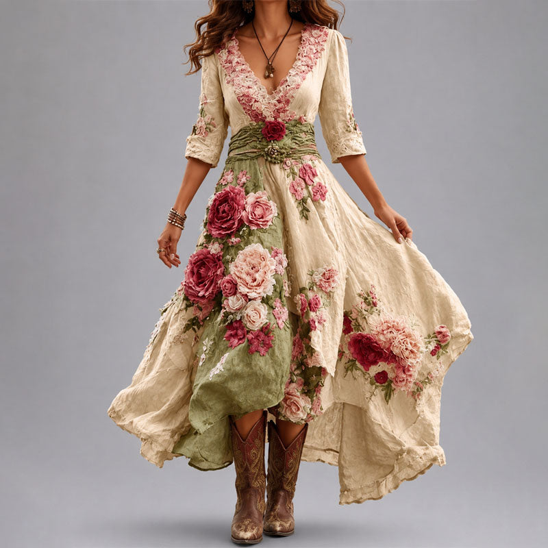 Aurora Floral Patchwork Wrap Dress with Asymmetrical Hem — Casuarina