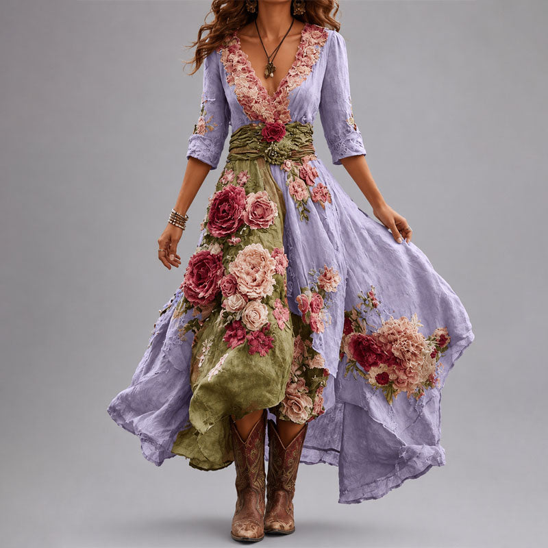 Aurora Floral Patchwork Wrap Dress with Asymmetrical Hem — Casuarina