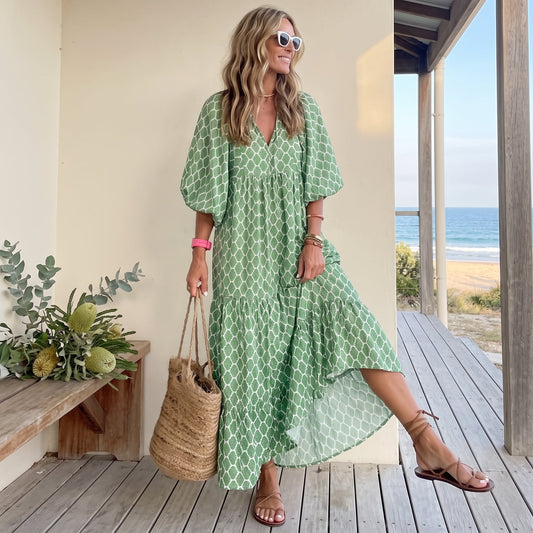 Cassandra | Women's Geometric Print High-Low Dress – Green & White worn on an Australian coastal verandah