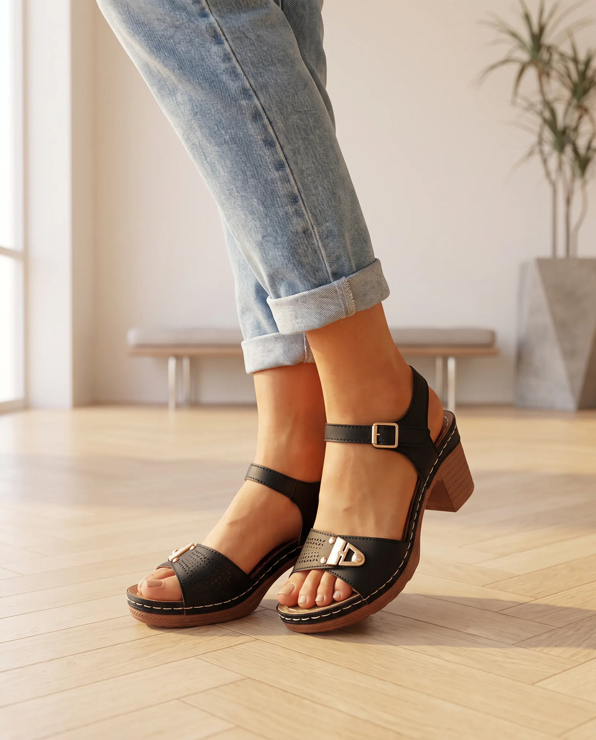 Casuarina Amalfi block-heel ankle-strap sandal in black, worn on a coastal-styled model, modern minimalist interior