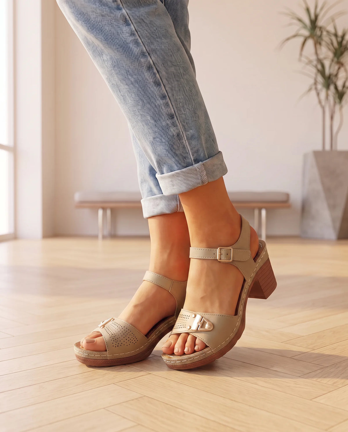 Casuarina Amalfi block-heel ankle-strap sandal in khaki, worn on a coastal-styled model