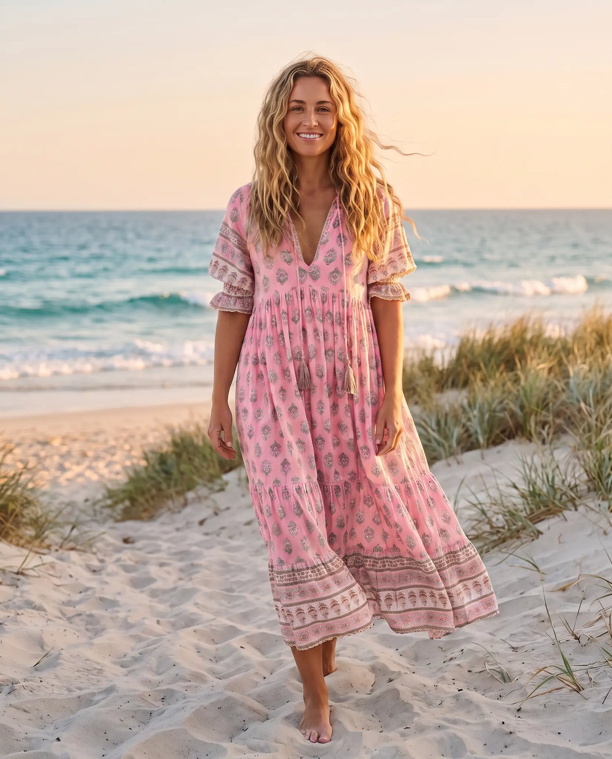 Woman wearing the Juno Floral V-Neck Maxi Dress in rose pink on an Australian beach at golden hour