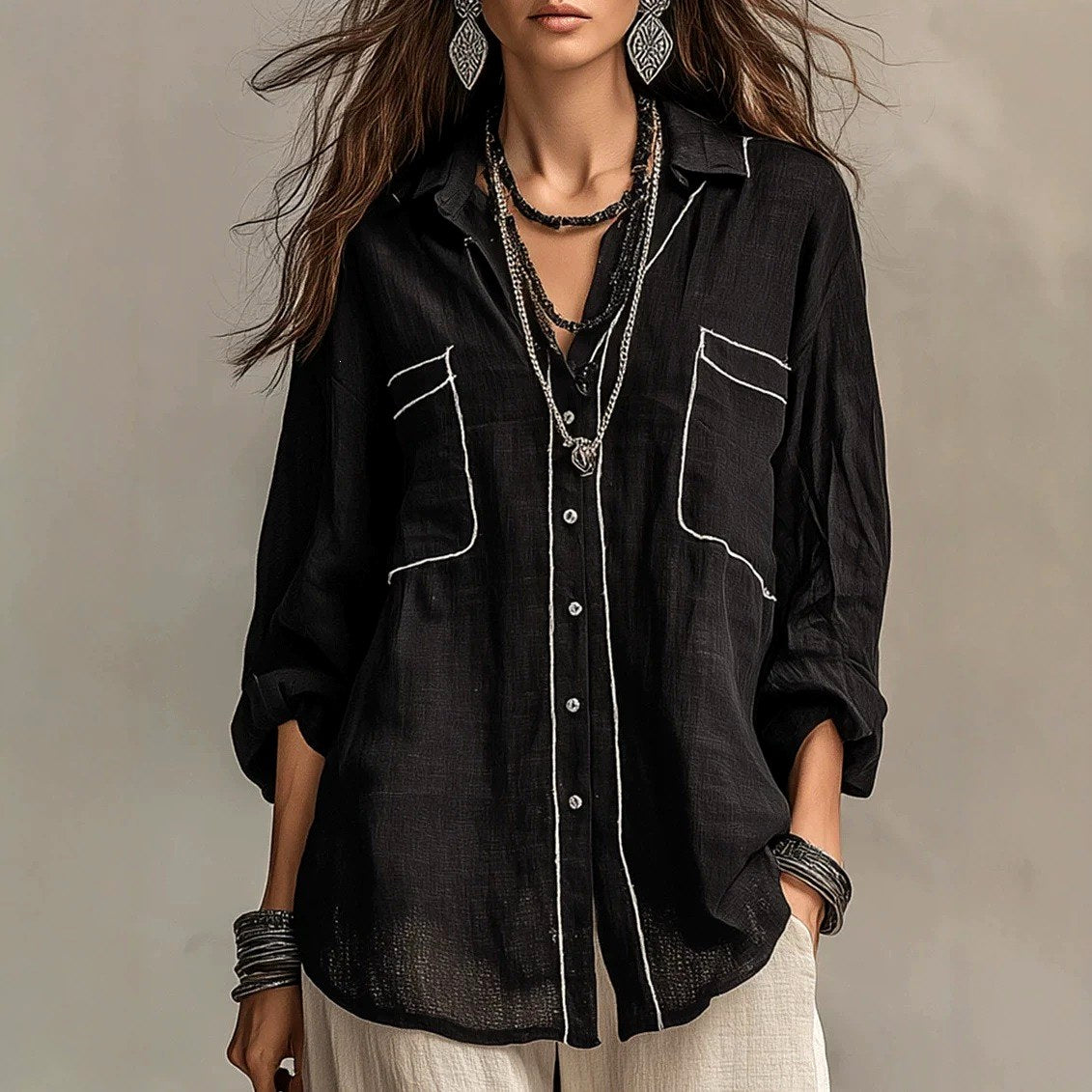 Celestine Boho Relaxed Long Sleeve Button-Front Shirt — Casuarina