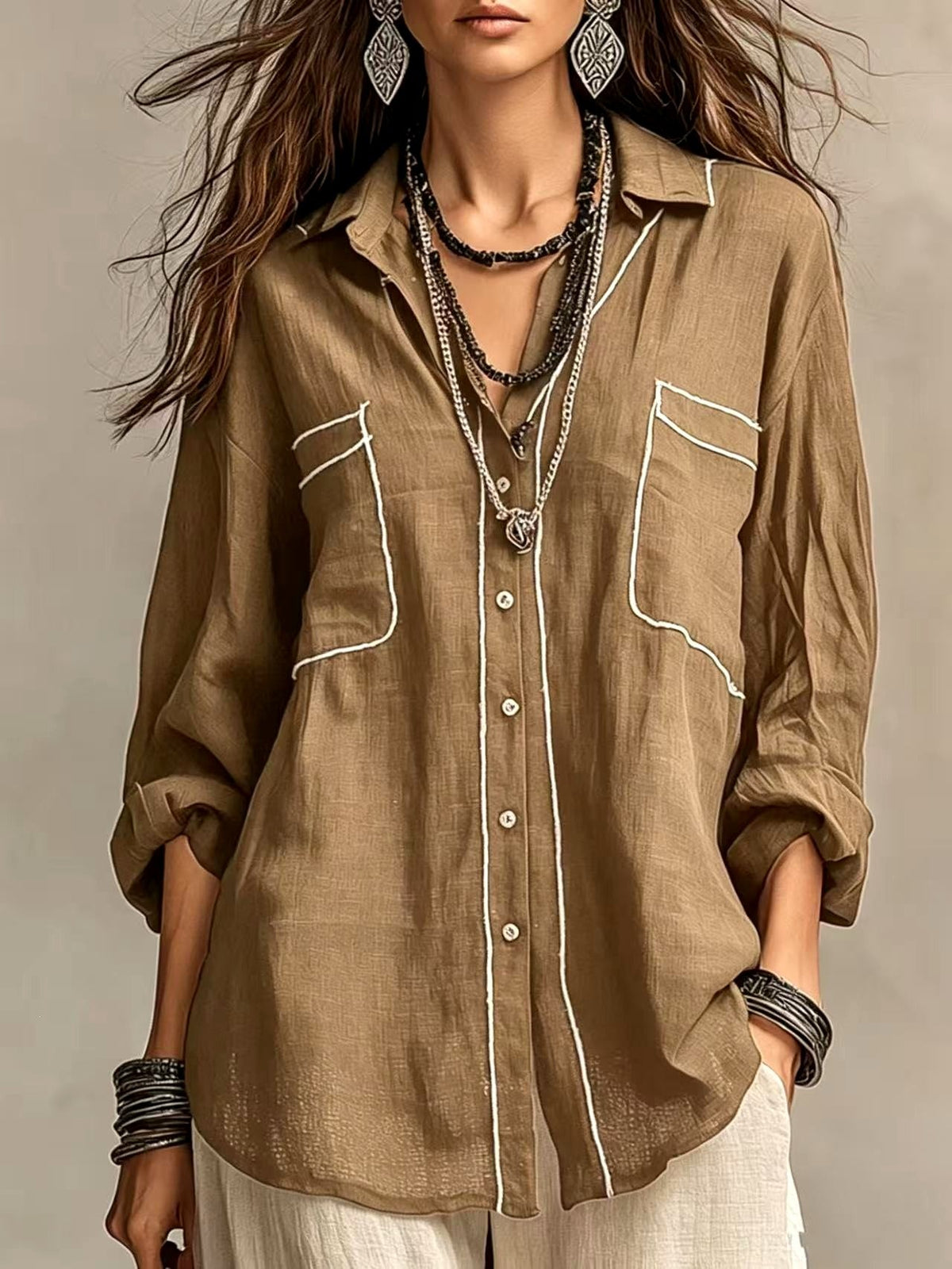 Celestine Boho Relaxed Long Sleeve Button-Front Shirt — Casuarina