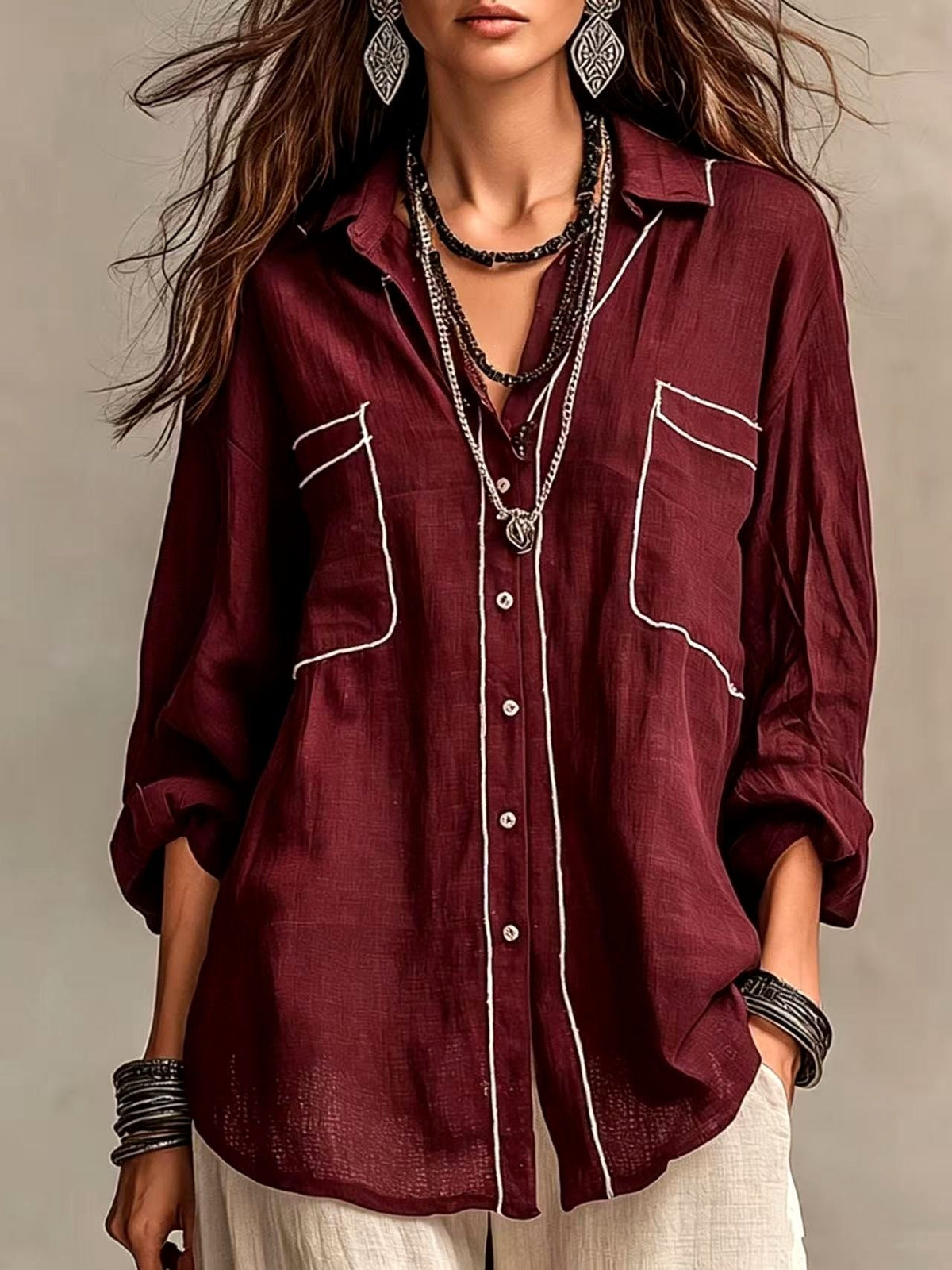 Celestine Boho Relaxed Long Sleeve Button-Front Shirt — Casuarina