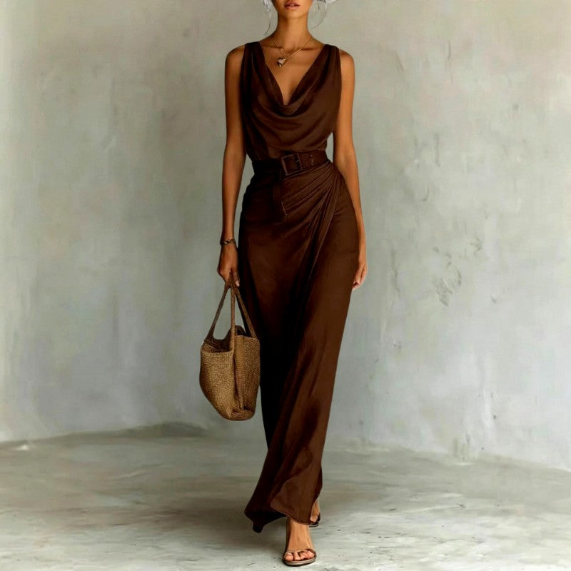 Celine Cowl V-Neck Belted Resort Maxi Dress — Casuarina