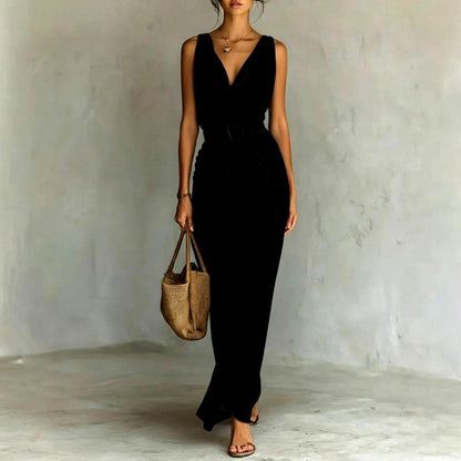 Celine Cowl V-Neck Belted Resort Maxi Dress — Casuarina